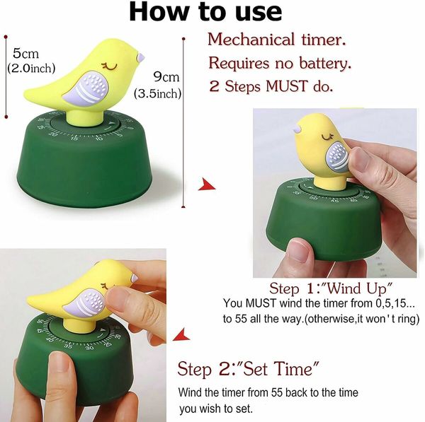 Cute Bird Timer for Kids, Mechanical Kitchen Timer, Wind Up 60 Minutes Manual Countdown Timer for Classroom, Home, Study and Cooking (Yellow Bird)