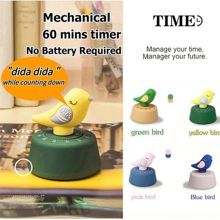 Cute Bird Timer for Kids, Mechanical Kitchen Timer, Wind Up 60 Minutes Manual Countdown Timer for Classroom, Home, Study and Cooking (Yellow Bird)