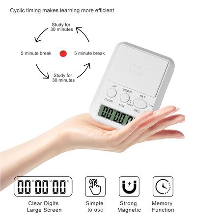 Multi Function Electronic Timers, Cute Timer Digital for Cooking, Break Time, Gym, Meeting, Classroom (AAA Battery Not Included), White