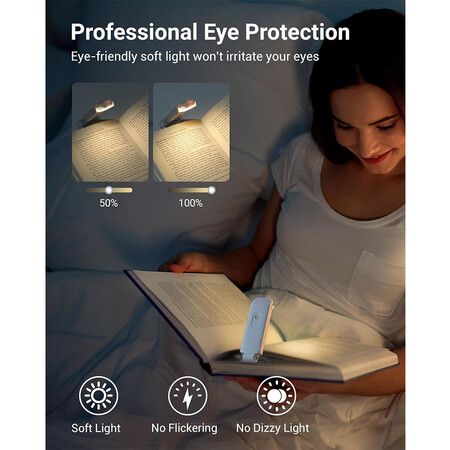 USB Rechargeable Book Light, Warm White, Brightness Adjustable for Eye Protection, LED Clip on Portable Bookmark Light for Reading in Bed, Car (White)