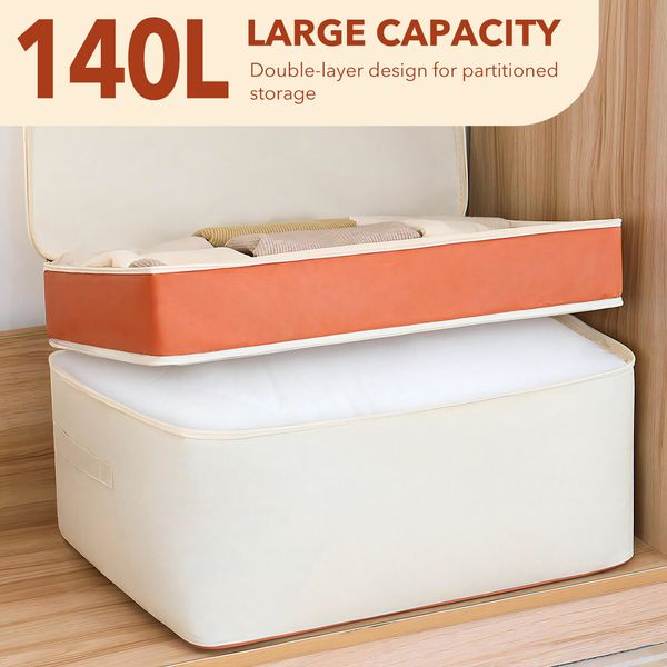 2 Layer Storage Bag Container Foldable Clothes Organiser Closet Wardrobe Garment Blanket Travel Clothing Bin 140L with Handle