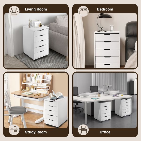 5 Drawer File Cabinet Mobile Filing Document Organiser Chest Home Office Storage Cupboard Printer Stand White 40x38x68cm