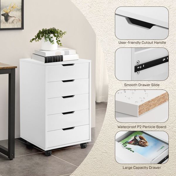 5 Drawer File Cabinet Mobile Filing Document Organiser Chest Home Office Storage Cupboard Printer Stand White 40x38x68cm