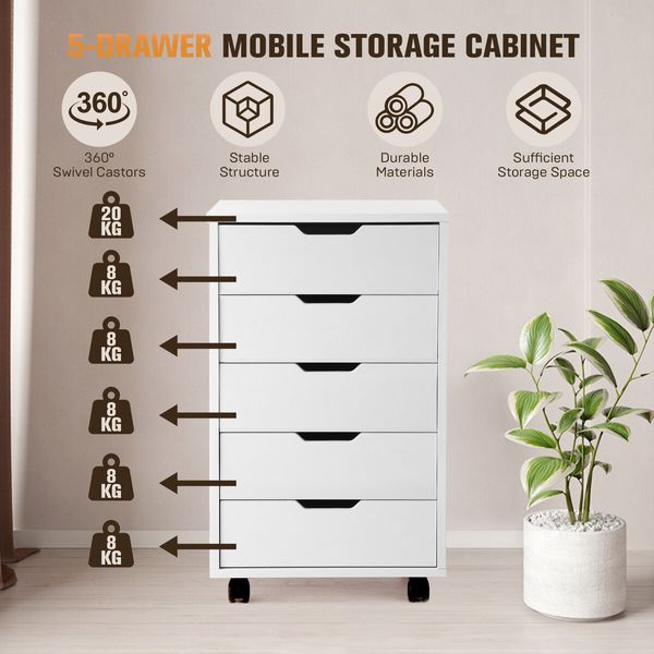 5 Drawer File Cabinet Mobile Filing Document Organiser Chest Home Office Storage Cupboard Printer Stand White 40x38x68cm