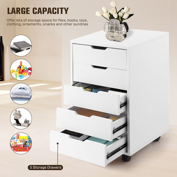 5 Drawer File Cabinet Mobile Filing Document Organiser Chest Home Office Storage Cupboard Printer Stand White 40x38x68cm