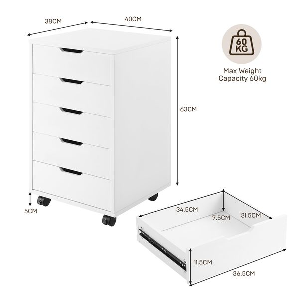 5 Drawer File Cabinet Mobile Filing Document Organiser Chest Home Office Storage Cupboard Printer Stand White 40x38x68cm