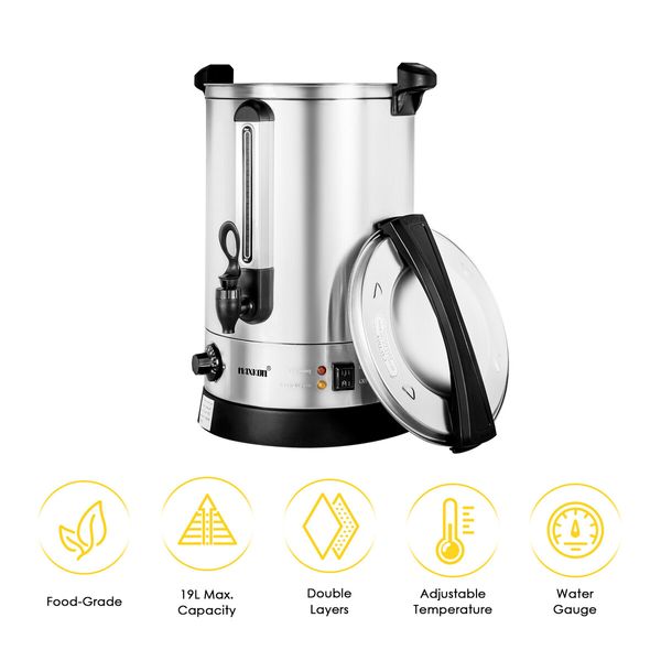 Maxkon 19L Water Dispenser Urn Instant Hot Cold Coffee Maker Machine Tea Kettle Home Commercial Stainless Steel with Tap