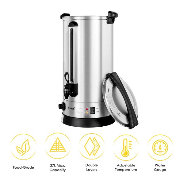 Maxkon 27L Water Dispenser Urn Instant Hot Cold Coffee Maker Tea Kettle Machine Commercial Home Stainless Steel with Tap