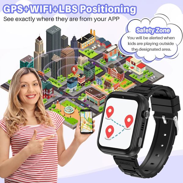 4G Smart Watch for Kids,GPS Tracker Watch,2- Way Calling,Camera,SOS,WiFi,Touch Screen Kids Phone Watch for Boys Girls Gifts,Black