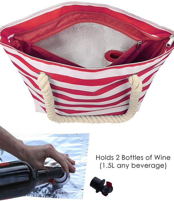 Wine Tote,Fashionable Bag for Woman,Beach Wine Purse with Hidden Insulated Compartment,Holds 2 Bottles of Wine for Travel,Wine Tasting,Party,Great Gift for Wine Lover,Stripe (Red)