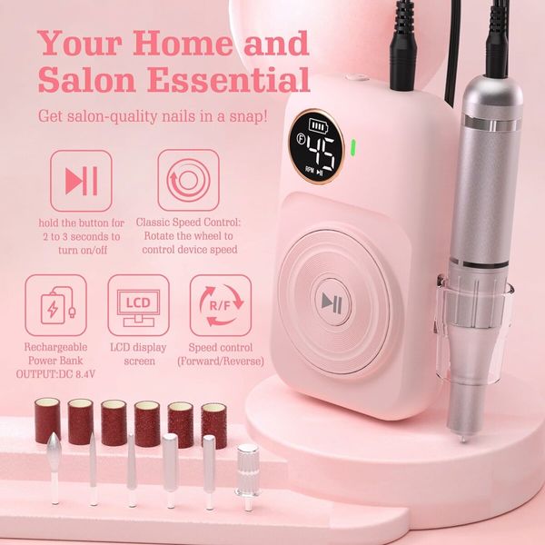 Electric Nail Drill Kit, Low Noise, Low Heat, Low Vibration,Nail Machine with 6 Nail Drill Bits and Sanding Bands, Ideal for a Home or Nail Salon,Pink