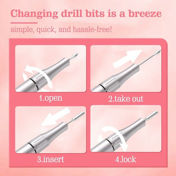 Electric Nail Drill Kit, Low Noise, Low Heat, Low Vibration,Nail Machine with 6 Nail Drill Bits and Sanding Bands, Ideal for a Home or Nail Salon,Pink