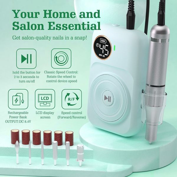 Electric Nail Drill Kit, Low Noise, Low Heat, Low Vibration,Nail Machine with 6 Nail Drill Bits and Sanding Bands, Ideal for a Home or Nail Salon,Green