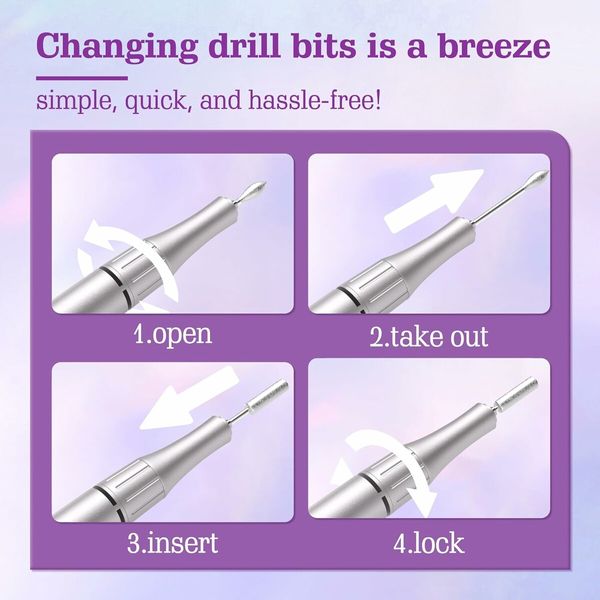 Electric Nail Drill Kit, Low Noise, Low Heat, Low Vibration,Nail Machine with 6 Nail Drill Bits and Sanding Bands, Ideal for a Home or Nail Salon,Purple