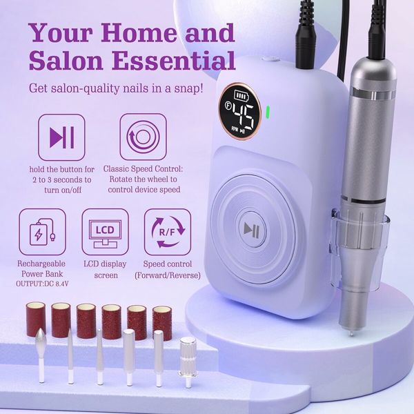 Electric Nail Drill Kit, Low Noise, Low Heat, Low Vibration,Nail Machine with 6 Nail Drill Bits and Sanding Bands, Ideal for a Home or Nail Salon,Purple