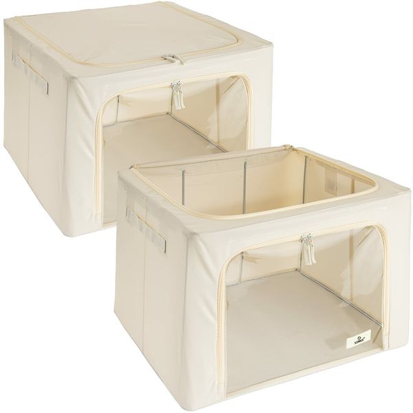 Storage Bins with Metal Frame - Stackable & Foldable Clothes Organizer Bags with Clear Window & Carry Handles Organization for Clothing(Beige)