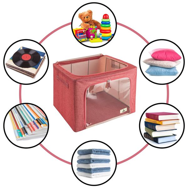 Storage Bins with Metal Frame - Stackable & Foldable Clothes Organizer Bags with Clear Window & Carry Handles Organization for Clothing(Red)