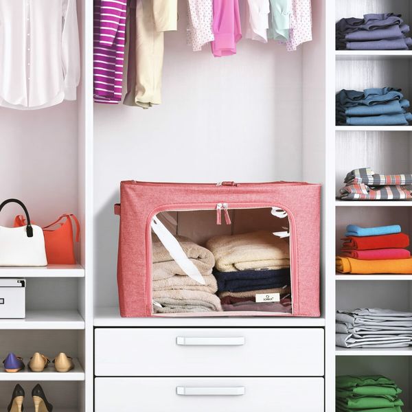 Storage Bins with Metal Frame - Stackable & Foldable Clothes Organizer Bags with Clear Window & Carry Handles Organization for Clothing(Red)