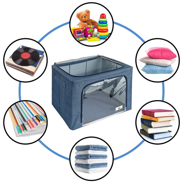 Storage Bins with Metal Frame - Stackable & Foldable Clothes Organizer Bags with Clear Window & Carry Handles Organization for Clothing(Blue)