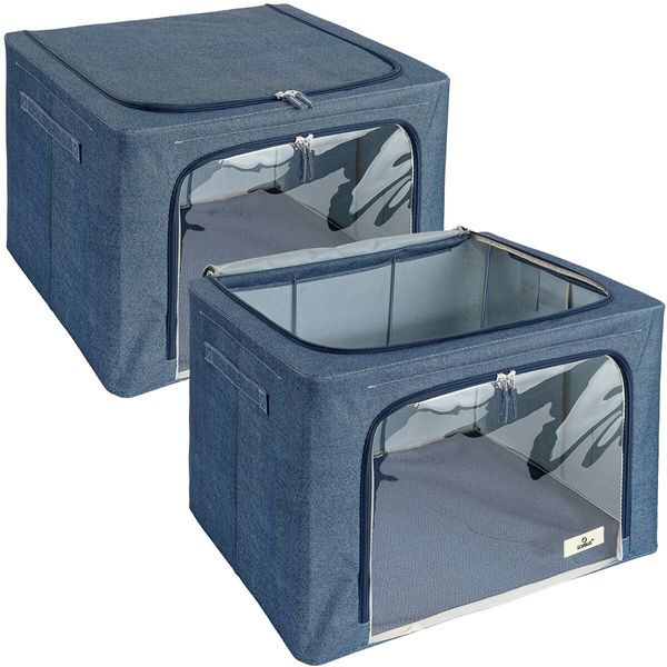 Storage Bins with Metal Frame - Stackable & Foldable Clothes Organizer Bags with Clear Window & Carry Handles Organization for Clothing(Blue)