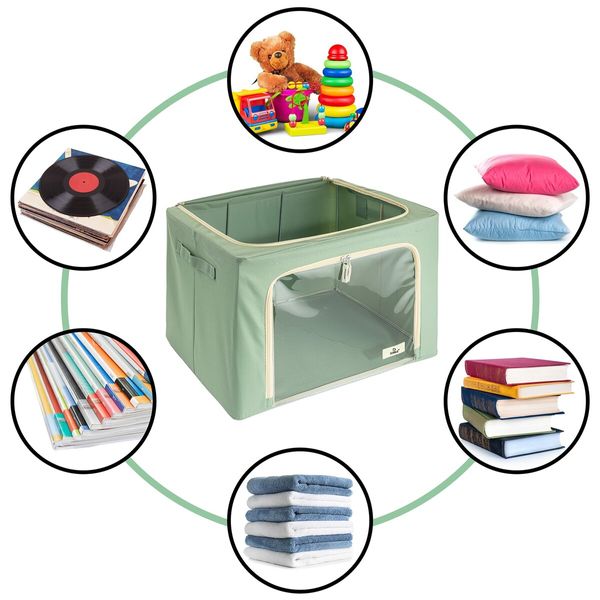 Storage Bins with Metal Frame - Stackable & Foldable Clothes Organizer Bags with Clear Window & Carry Handles Organization for Clothing(Green)