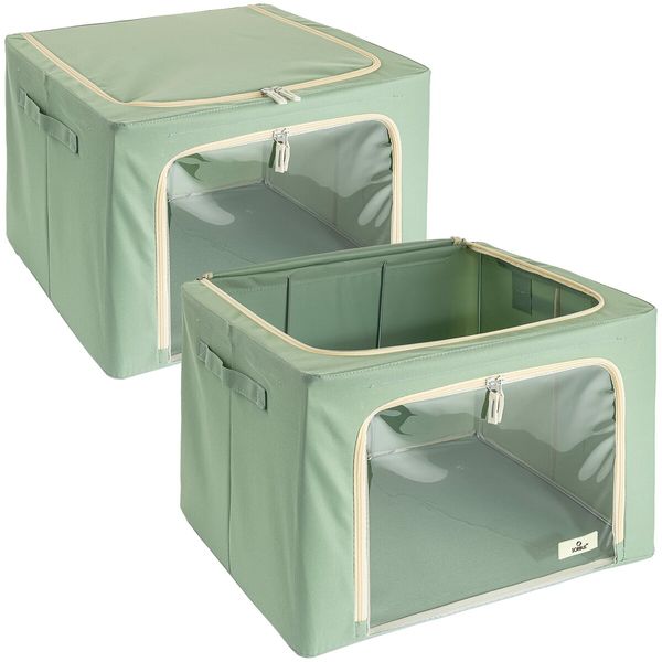 Storage Bins with Metal Frame - Stackable & Foldable Clothes Organizer Bags with Clear Window & Carry Handles Organization for Clothing(Green)