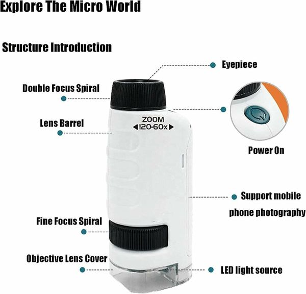 The Miniscope,Miniscope Kids,Mini Portable Microscope,Miniscope Portable Microscope Kids,Handheld Pocket Microscope for Scientific Experiment (White)