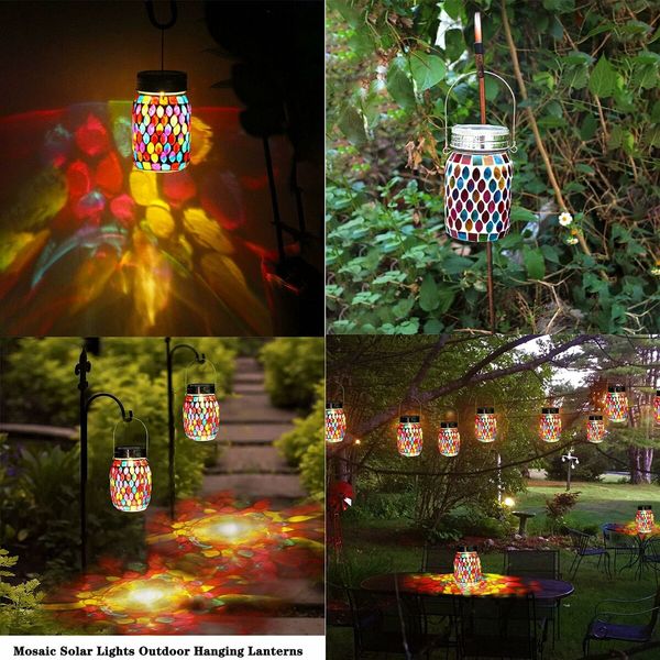 Mosaic Solar Lights Outdoor Hanging Lanterns, Rechargeable Mosaic Solar Lanterns, Outdoor Waterproof Solar Night Lights Table Lamps for Decorations