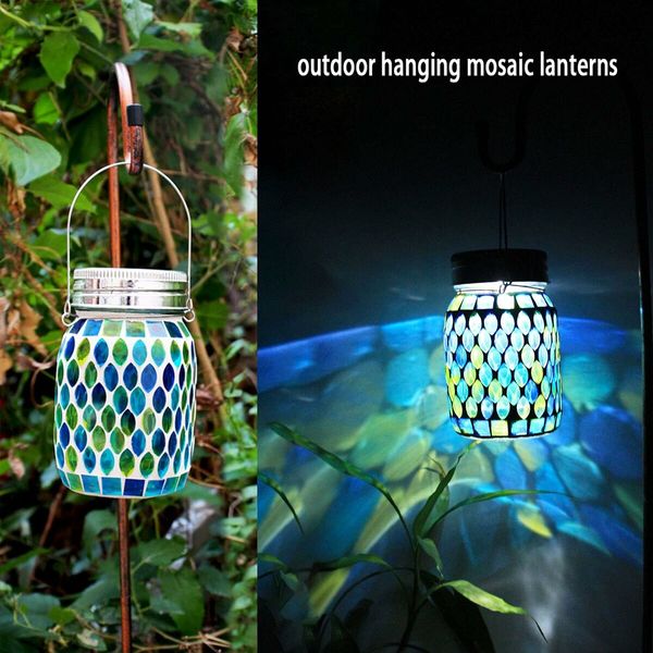 Mosaic Solar Lanterns Outdoor Hanging Lights, Solar Table Lamps and Cool Blue Color Mosaic Glass Lights, Outdoor Waterproof Solar Night Lights, Garden, Patio, Pathway and Yard Decor