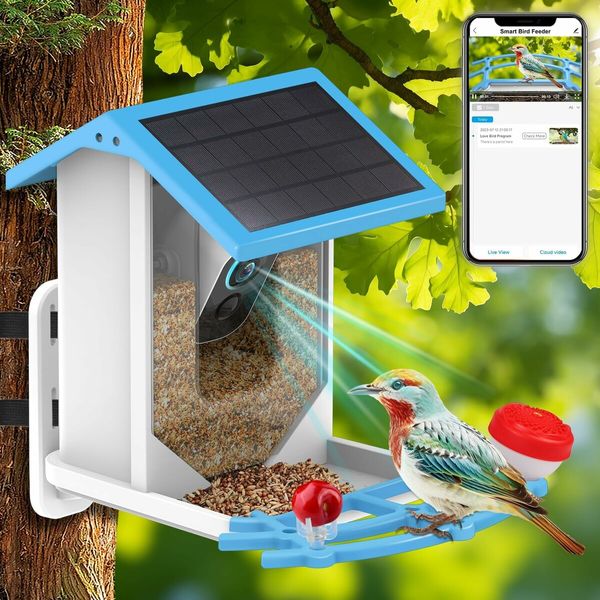 Smart Bird Feeder with WIFI Camera Wireless Outdoor, Solar Powered Bird Watching Camera Feeder Motion Activated HD Video Live, AI Recognition Bird House with Camera (Blue)