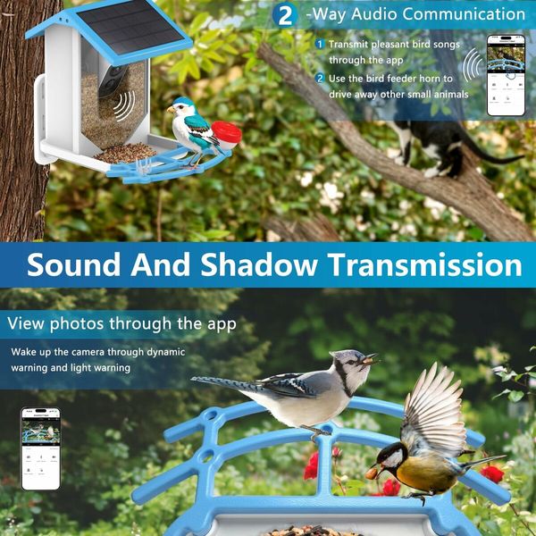 Smart Bird Feeder with WIFI Camera Wireless Outdoor, Solar Powered Bird Watching Camera Feeder Motion Activated HD Video Live, AI Recognition Bird House with Camera (Blue)