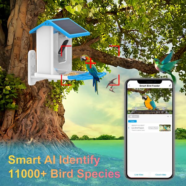 Smart Bird Feeder with WIFI Camera Wireless Outdoor, Solar Powered Bird Watching Camera Feeder Motion Activated HD Video Live, AI Recognition Bird House with Camera (Blue)