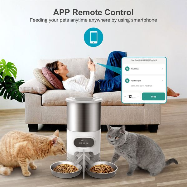 Cat Timing Feeder Smart APP Cat Feeder Stainless Steel Double Meal Pet Food Remote Feeding Automatic Dispenser Suitable Cats Dog