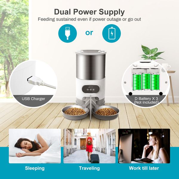 Cat Timing Feeder Smart APP Cat Feeder Stainless Steel Double Meal Pet Food Remote Feeding Automatic Dispenser Suitable Cats Dog