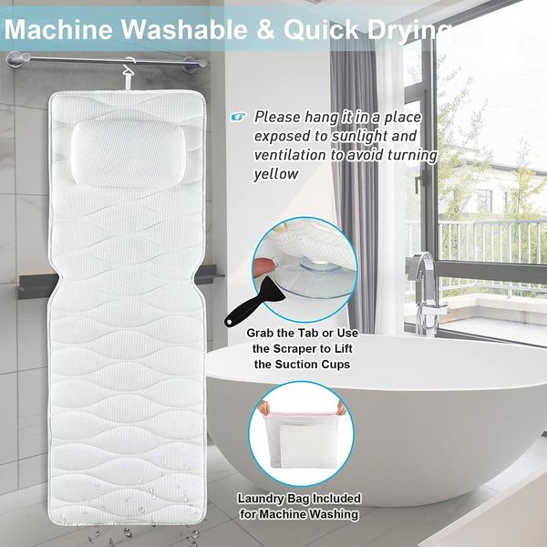 Full Body Bath Pillow, Bath Pillows for tub with Non-Slip Suction Cups, Spa Bathtub Pillow for Head Neck Shoulder and Back Support