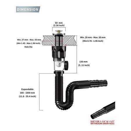 Bathroom Sink Drain Kit: Flex drain Kit with Flexible and Expandable P trap Sink Drain Pipe for 1-1/4 inch and 1-1/2 inch Drain Hole, RV Sink Drain