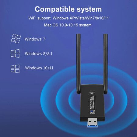 AC1300Mbps USB Wifi Dongle for PC,2 Antennas USB Wifi Adapter,Dual Band 5dBi 5GHz USB Wifi Computer Internet Adapter for PC/Tablet/Laptop Support Window and IOS