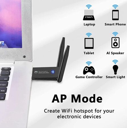 AC1300Mbps USB Wifi Dongle for PC,2 Antennas USB Wifi Adapter,Dual Band 5dBi 5GHz USB Wifi Computer Internet Adapter for PC/Tablet/Laptop Support Window and IOS