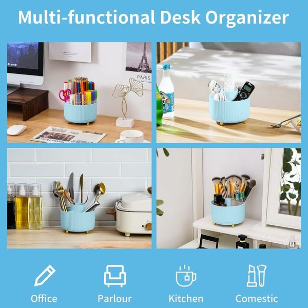 Desk Organizer, 360 Degree Rotating Pen Holder for Desk, Desk Organizers and Accessories with 5 Compartments Pencil Organizer, Art Supply Storage Box Caddy for Office, Home, Light Blue