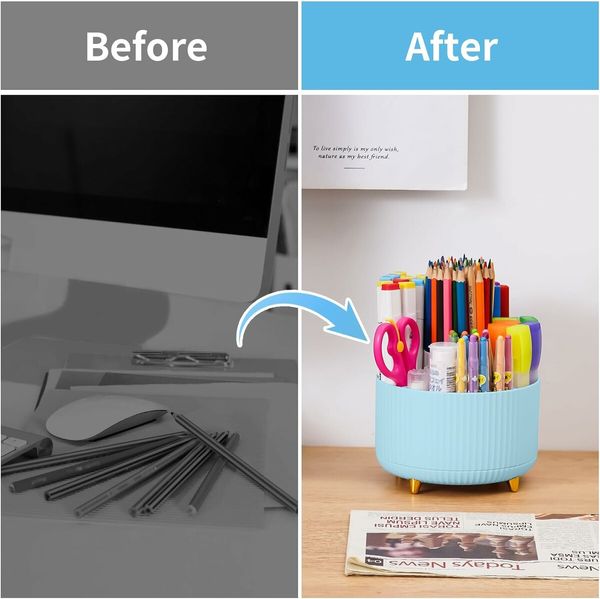 Desk Organizer, 360 Degree Rotating Pen Holder for Desk, Desk Organizers and Accessories with 5 Compartments Pencil Organizer, Art Supply Storage Box Caddy for Office, Home, Light Blue