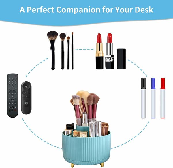 Desk Organizer, 360 Degree Rotating Pen Holder for Desk, Desk Organizers and Accessories with 5 Compartments Pencil Organizer, Art Supply Storage Box Caddy for Office, Home, Light Blue