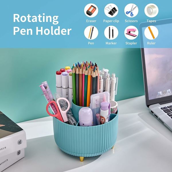 Desk Organizer, 360 Degree Rotating Pen Holder for Desk, Desk Organizers and Accessories with 5 Compartments Pencil Organizer, Art Supply Storage Box Caddy for Office, Home, Light Blue