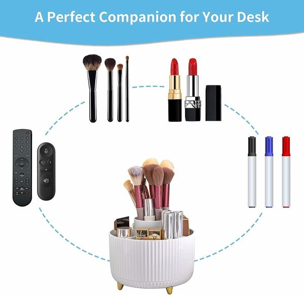 Desk Organizer, 360 Degree Rotating Pen Holder for Desk, Desk Organizers and Accessories with 5 Compartments Pencil Organizer, Art Supply Storage Box Caddy for Office, Home, White