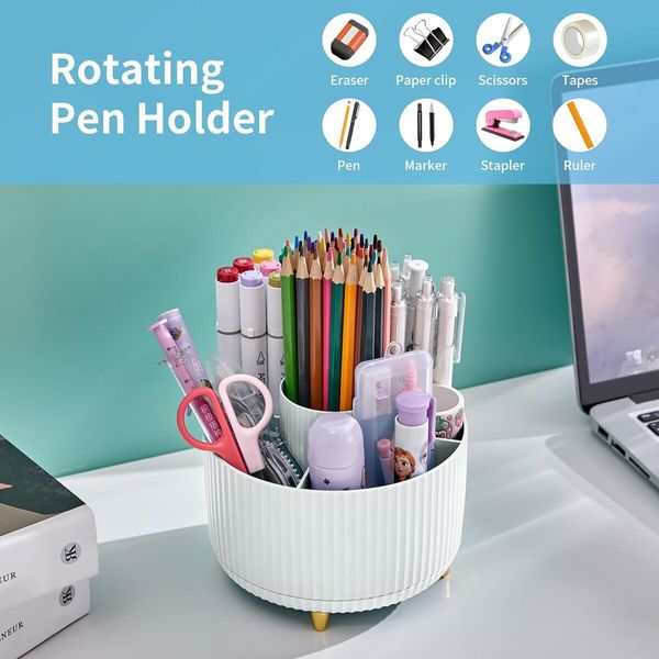 Desk Organizer, 360 Degree Rotating Pen Holder for Desk, Desk Organizers and Accessories with 5 Compartments Pencil Organizer, Art Supply Storage Box Caddy for Office, Home, White