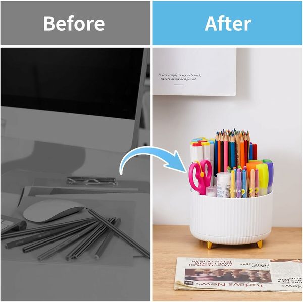 Desk Organizer, 360 Degree Rotating Pen Holder for Desk, Desk Organizers and Accessories with 5 Compartments Pencil Organizer, Art Supply Storage Box Caddy for Office, Home, White