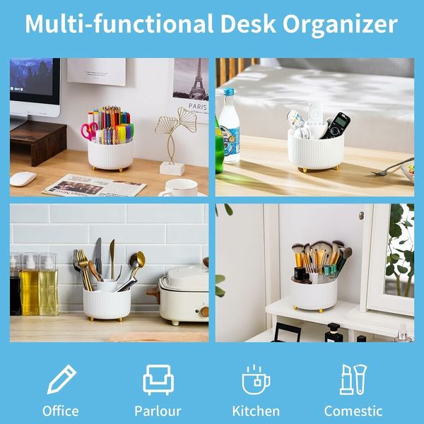 Desk Organizer, 360 Degree Rotating Pen Holder for Desk, Desk Organizers and Accessories with 5 Compartments Pencil Organizer, Art Supply Storage Box Caddy for Office, Home, White