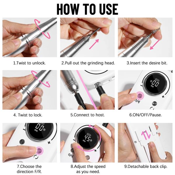 45000RPM Electric Nail Drill Machine Professional Nail Drills for Gel Nails Polish Rechargeable Portable Nail File Manicure Tool Color White