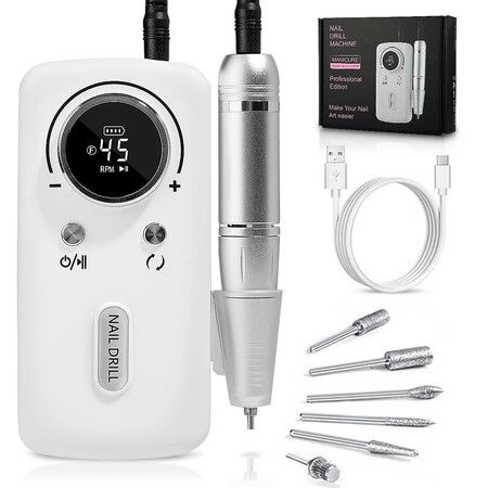 45000RPM Electric Nail Drill Machine Professional Nail Drills for Gel Nails Polish Rechargeable Portable Nail File Manicure Tool Color White