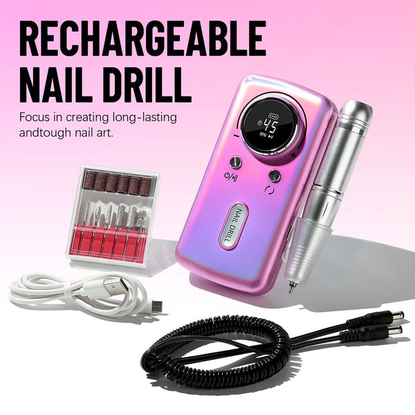 45000RPM Electric Nail Drill Machine Professional Nail Drills for Gel Nails Polish Rechargeable Portable Nail File Manicure Tool Color White