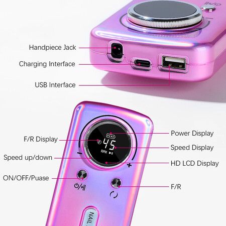 45000RPM Electric Nail Drill Machine Professional Nail Drills for Gel Nails Polish Rechargeable Portable Nail File Manicure Tool Color White